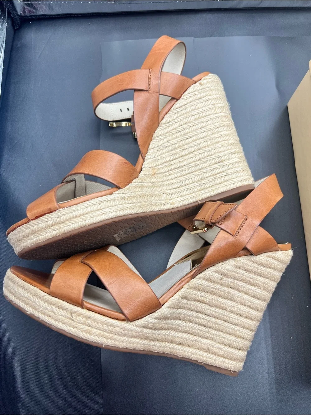 Michael Kors Cognac Leather Espadrille Wedge Sandals